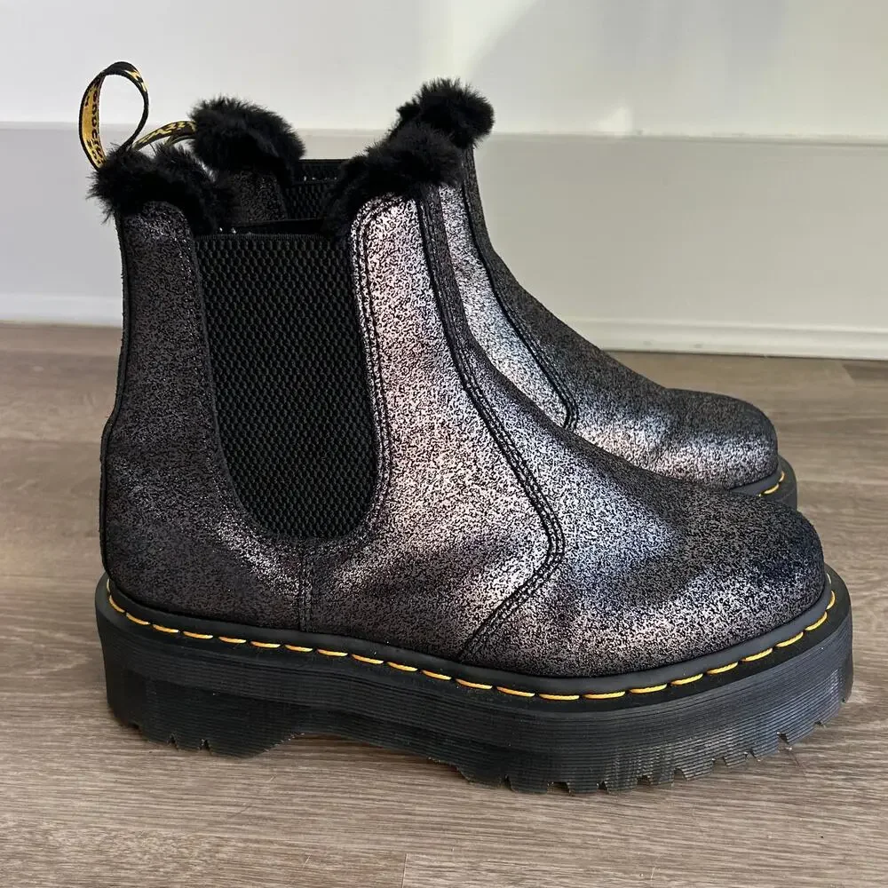 Dr Martens 2976 Quad Faux Fur Platform Chelsea Boot Black Metallic US 9 EU 41
